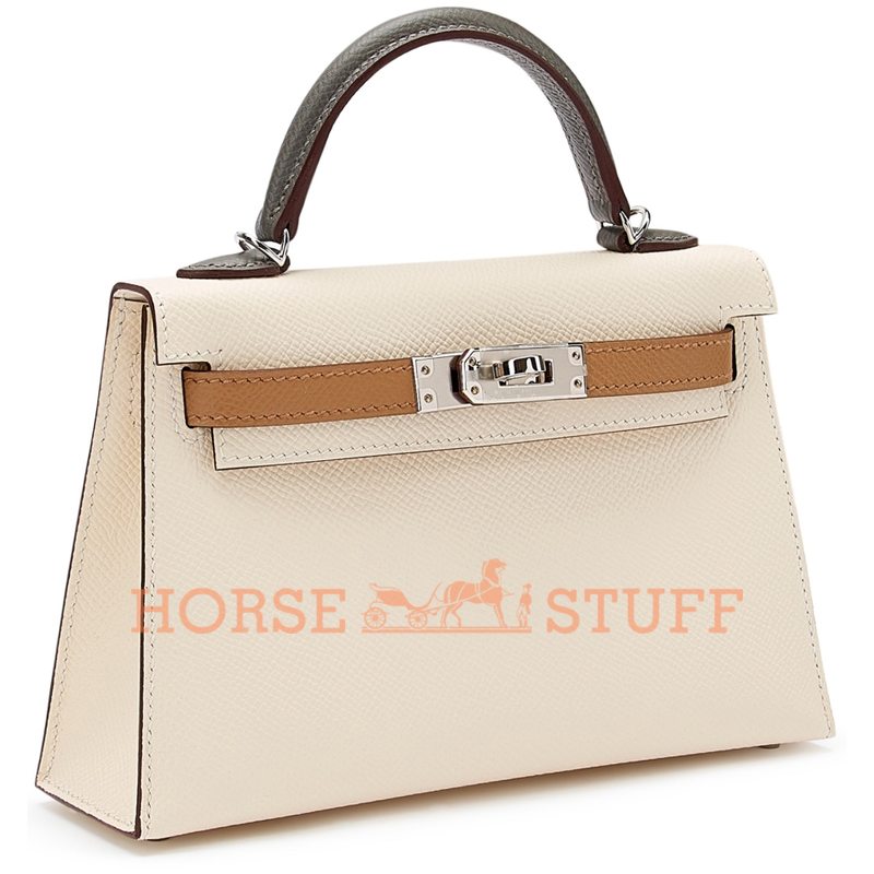 Hermès Kelly Sellier Mini II Limited Edition Tricolor Nata / Chai / Gris Meyer Epsom PHW