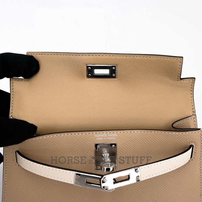 Hermès Kelly Sellier Mini II Limited Edition Tricolor Trench / Etoupe / Craie Epsom PHW