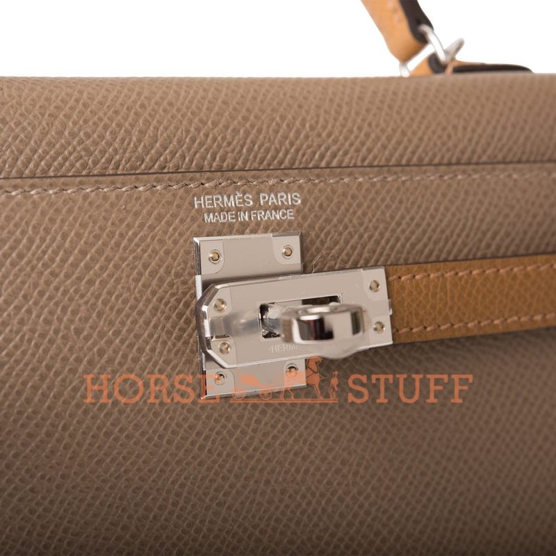 Hermès Kelly Sellier Mini II Limited Edition Tricolor Etoupe / Alezan / Biscuit Epsom PHW