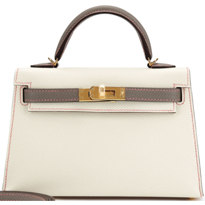 Hermès Kelly Sellier Mini II Special Order HSS Craie / Gris Asphalt with Pink Contrast Stitching Epsom GHW