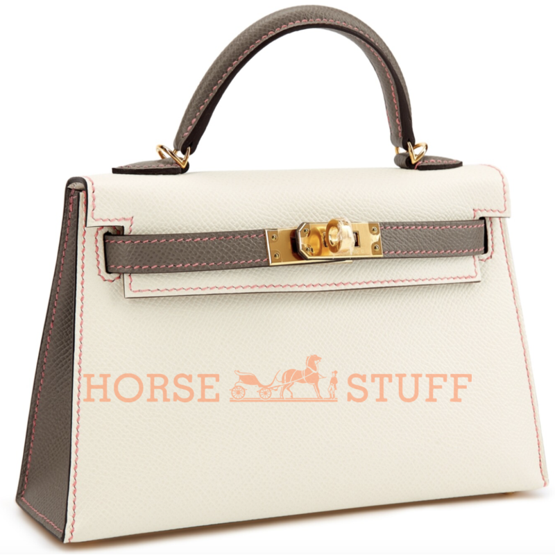 Hermès Kelly Sellier Mini II Special Order HSS Craie / Gris Asphalt with Pink Contrast Stitching Epsom GHW