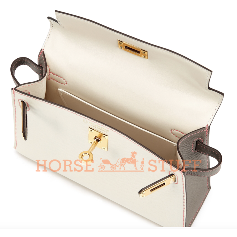 Hermès Kelly Sellier Mini II Special Order HSS Craie / Gris Asphalt with Pink Contrast Stitching Epsom GHW