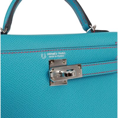 Hermès Kelly Sellier Mini II Verso Blue de Nord / Bougainvillea with Contrast Stitching Epsom PHW