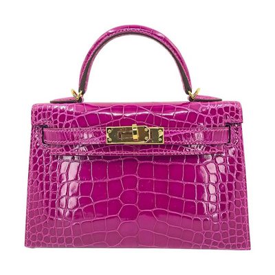 Hermès Kelly Sellier Mini II Rose Scheherazade Lisse Crocodile Alligator GHW