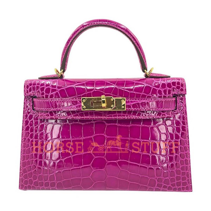 Hermès Kelly Sellier Mini II Rose Scheherazade Lisse Crocodile Alligator GHW