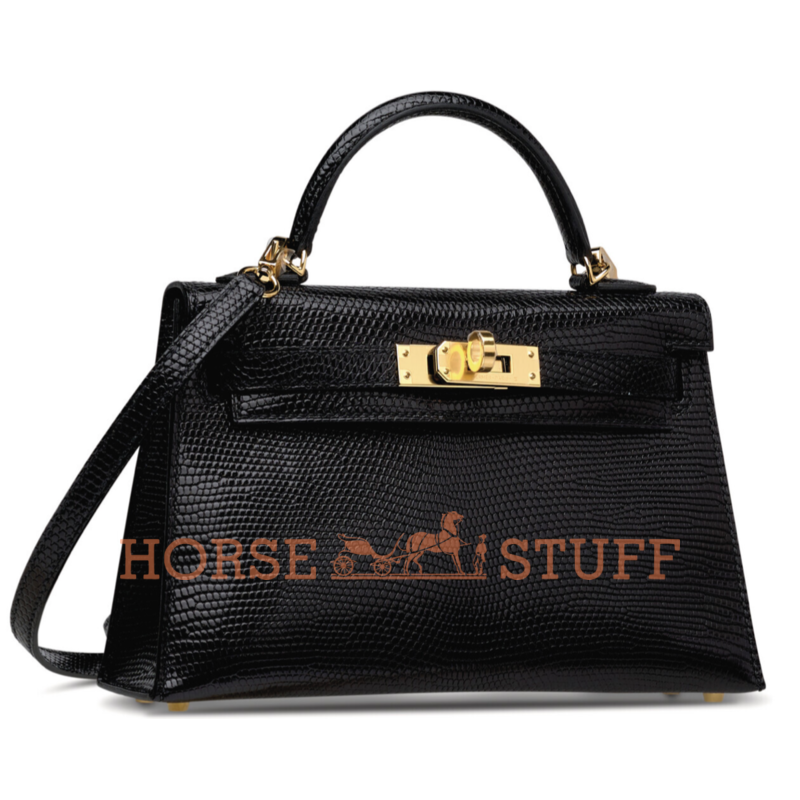 Hermès Kelly Sellier Mini II Black Shiny Niloticus Lizard GHW