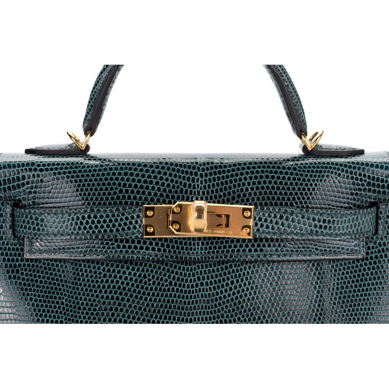 Hermès Kelly Sellier Mini II Vert Cypress Shiny Niloticus Lizard GHW