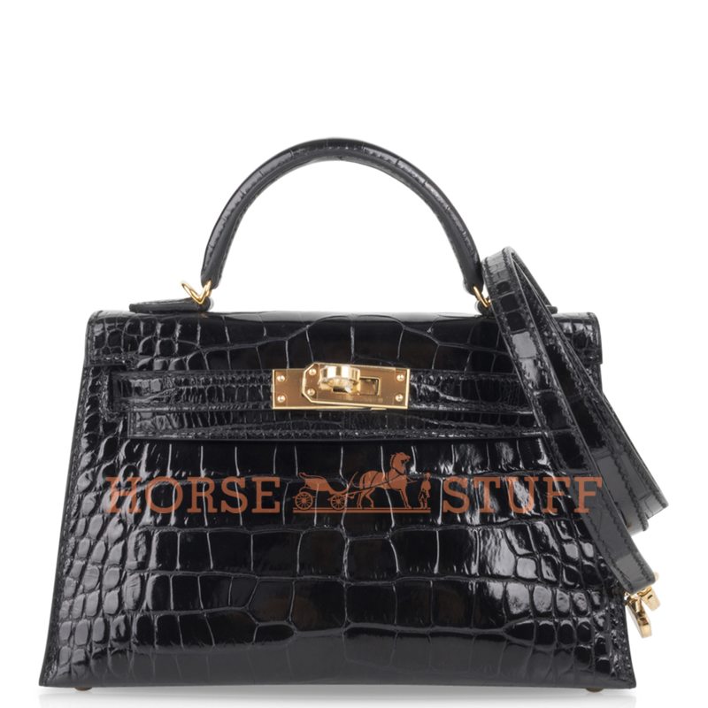 Hermès Kelly Sellier Mini II Black Lisse Crocodile Alligator GHW