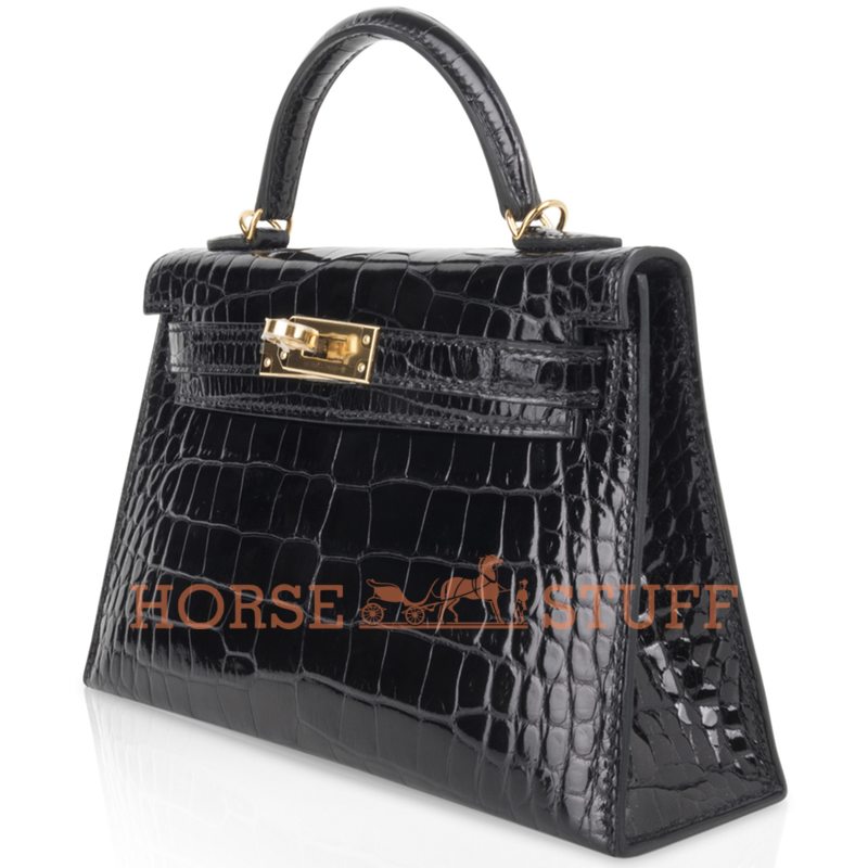 Hermès Kelly Sellier Mini II Black Lisse Crocodile Alligator GHW