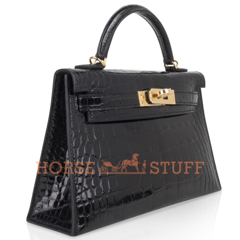 Hermès Kelly Sellier Mini II Black Lisse Crocodile Alligator GHW