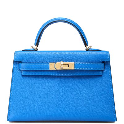 Hermès Kelly Sellier Mini II Blue Hydra Chèvre GHW