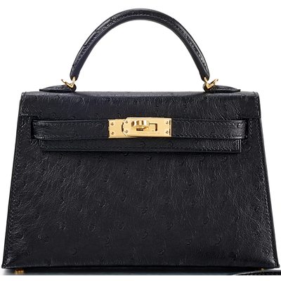 Hermès Kelly Sellier Mini II Black Ostrich GHW