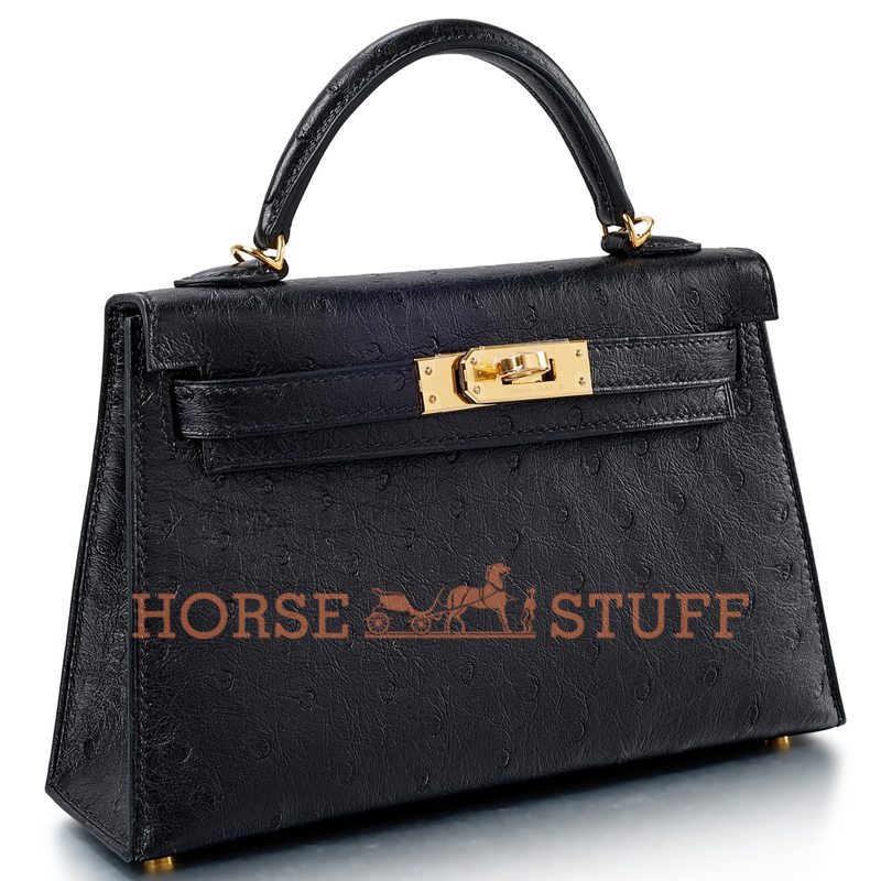 Hermès Kelly Sellier Mini II Black Ostrich GHW