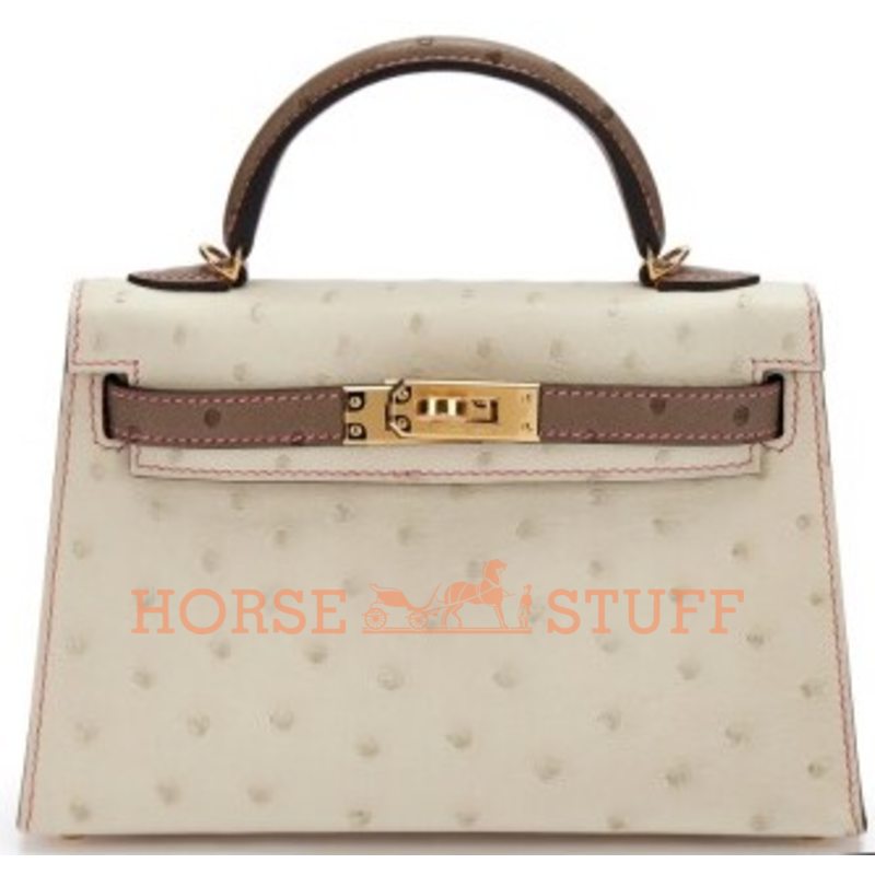 Hermès Kelly Sellier Mini II Special Order HSS Beton / Gris Tourterelle with Pink Stitching Ostrich GHW