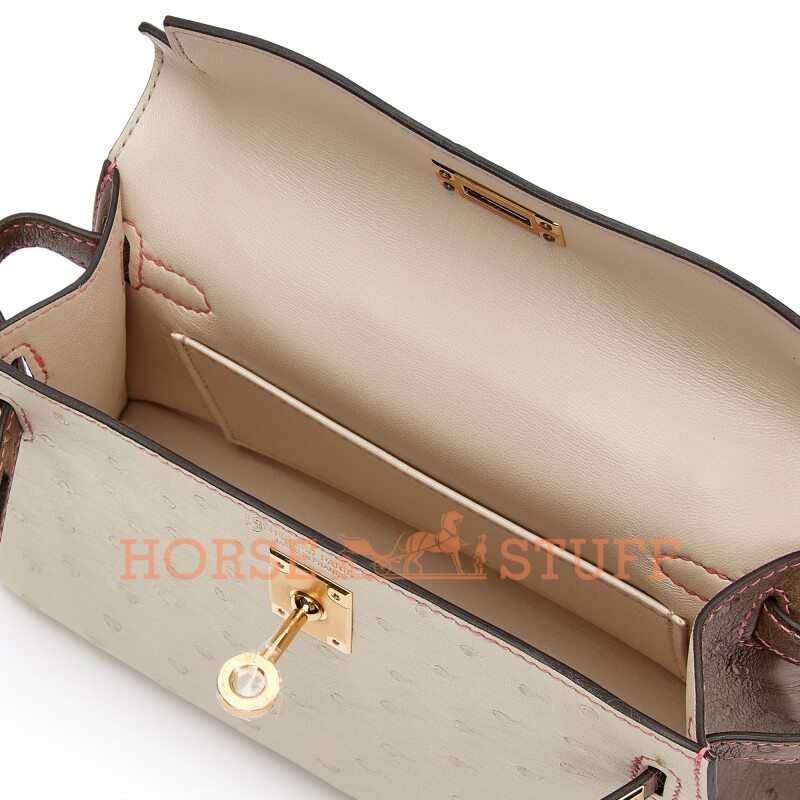 Hermès Kelly Sellier Mini II Special Order HSS Beton / Gris Tourterelle with Pink Stitching Ostrich GHW