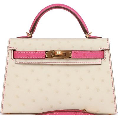 Hermès Kelly Sellier Mini II Special Order HSS Beton / Rose Tyrien Ostrich GHW