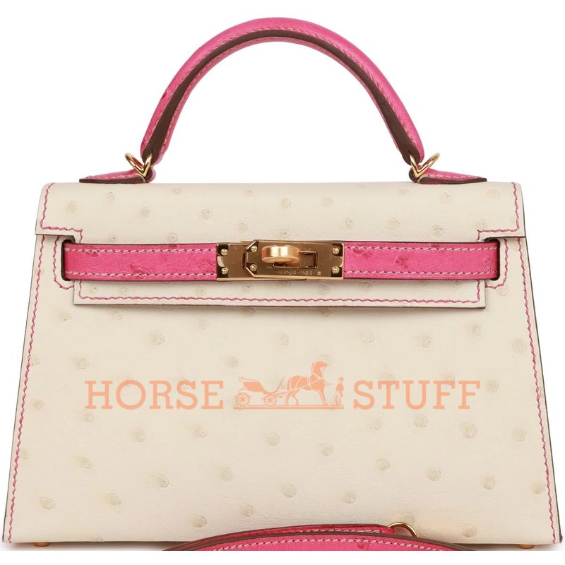 Hermès Kelly Sellier Mini II Special Order HSS Beton / Rose Tyrien Ostrich GHW