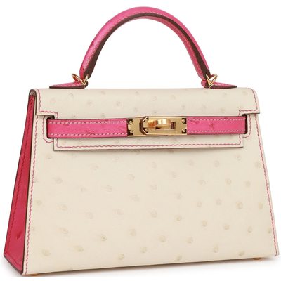 Hermès Kelly Sellier Mini II Special Order HSS Beton / Rose Tyrien Ostrich GHW