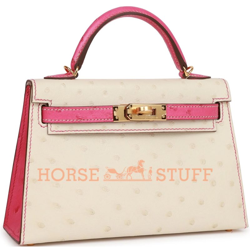 Hermès Kelly Sellier Mini II Special Order HSS Beton / Rose Tyrien Ostrich GHW