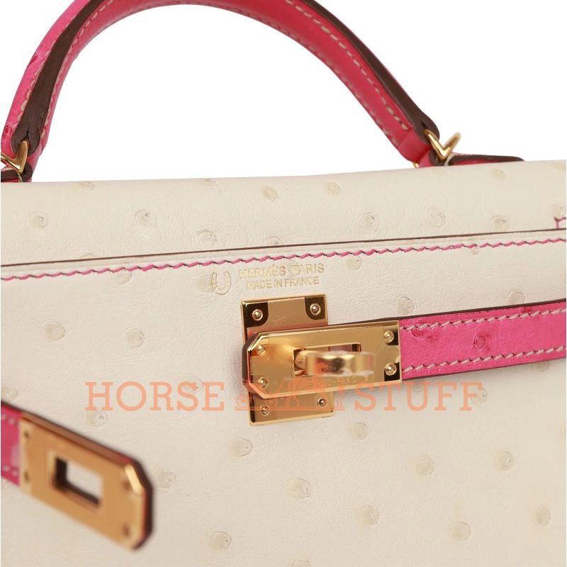 Hermès Kelly Sellier Mini II Special Order HSS Beton / Rose Tyrien Ostrich GHW