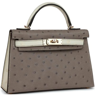 Hermès Kelly Sellier Mini II Special Order HSS Gris Tourterelle / Beton Ostrich Permabrass
