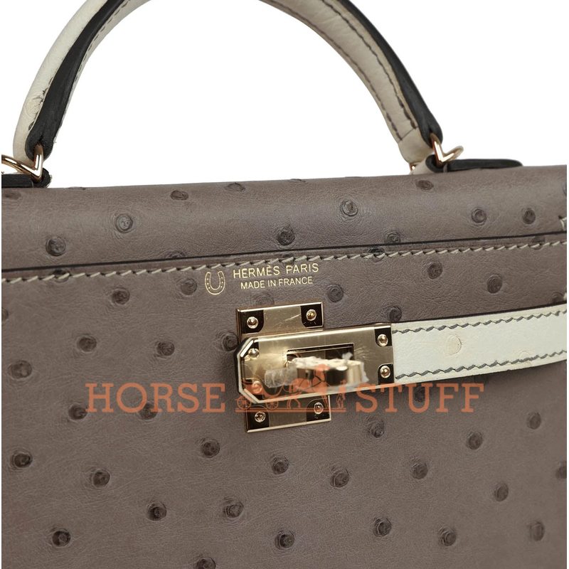 Hermès Kelly Sellier Mini II Special Order HSS Gris Tourterelle / Beton Ostrich Permabrass