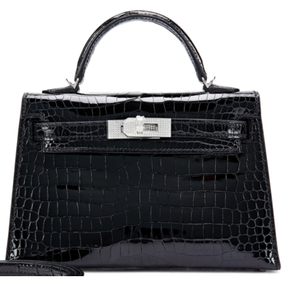 Hermès Kelly Sellier Mini II Black Lisse Crocodile Porosus White 18K Gold, Diamonds