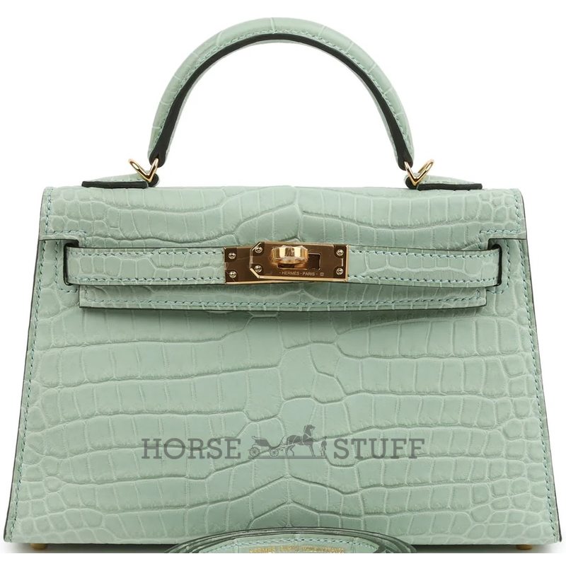 Hermès Kelly Sellier Mini II Vert d'Eau Matte Crocodile Porosus GHW