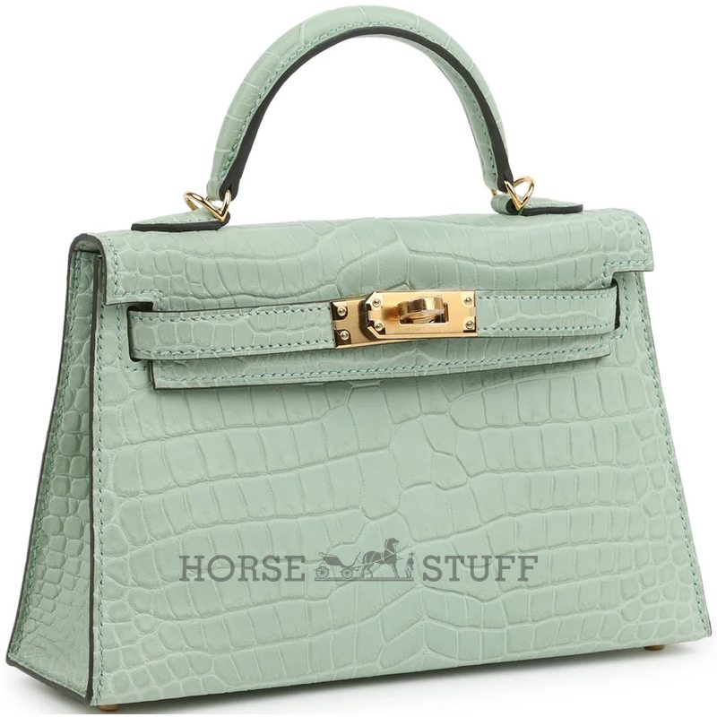 Hermès Kelly Sellier Mini II Vert d'Eau Matte Crocodile Porosus GHW