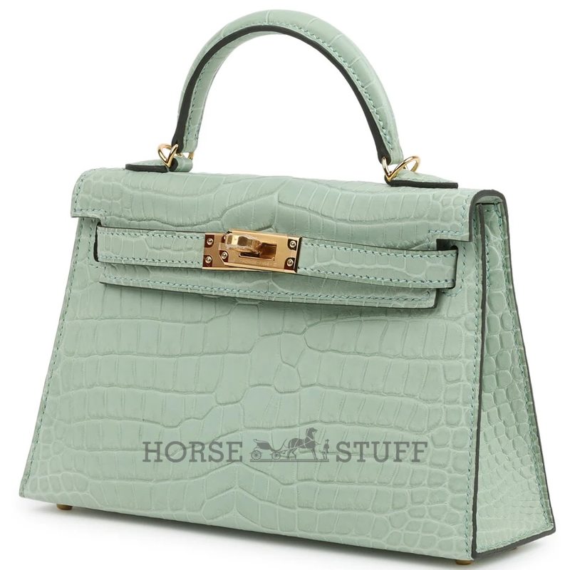 Hermès Kelly Sellier Mini II Vert d'Eau Matte Crocodile Porosus GHW