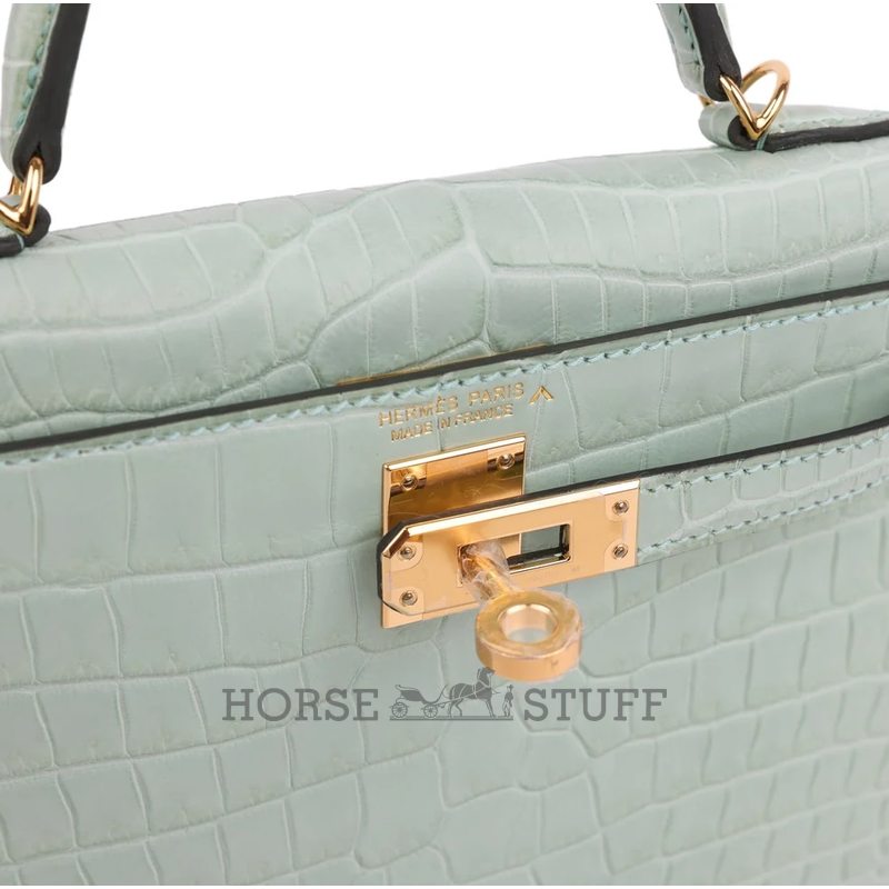 Hermès Kelly Sellier Mini II Vert d'Eau Matte Crocodile Porosus GHW