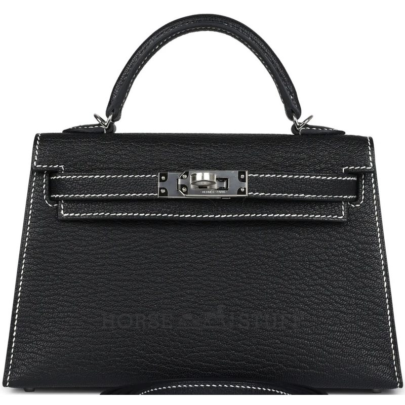 Hermès Kelly Sellier Mini II Special Order HSS Black with White Contrast Stitching Chèvre PHW
