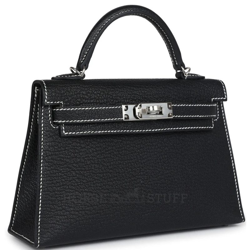 Hermès Kelly Sellier Mini II Special Order HSS Black with White Contrast Stitching Chèvre PHW
