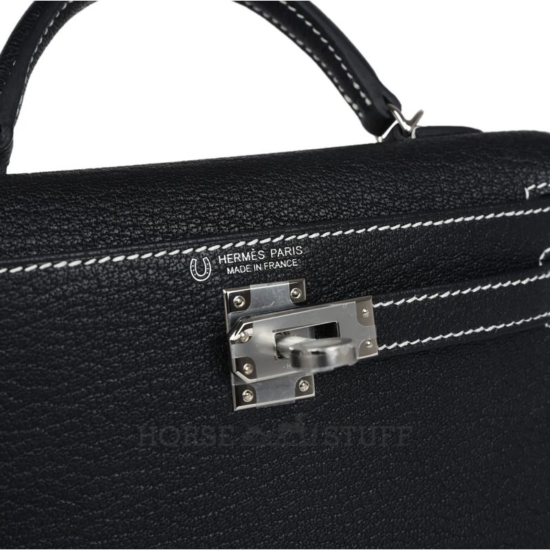 Hermès Kelly Sellier Mini II Special Order HSS Black with White Contrast Stitching Chèvre PHW