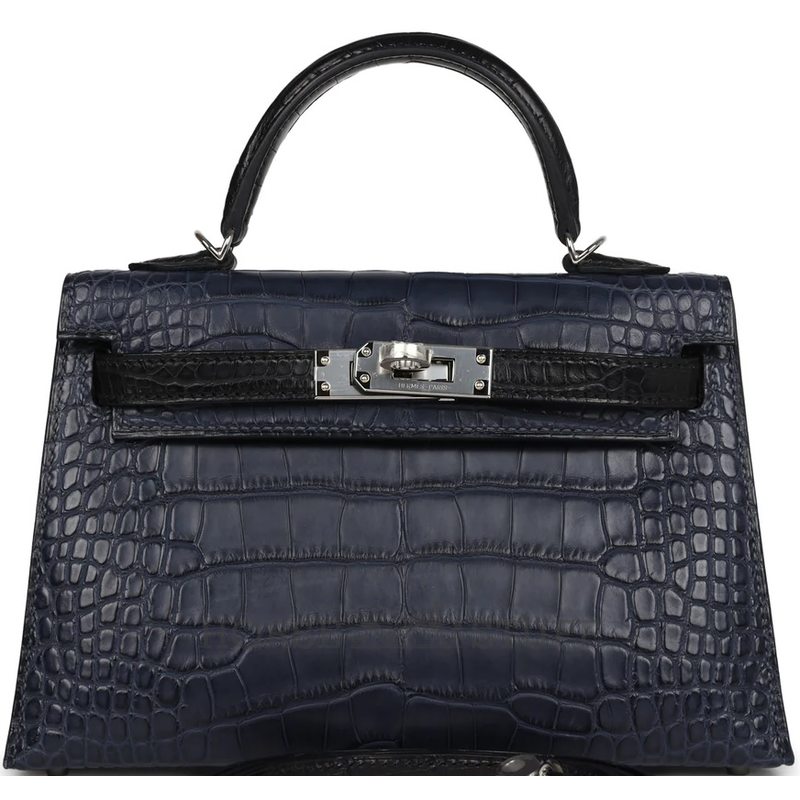 Hermès Kelly Sellier Mini II Special Order HSS Blue Indigo / Black Matte Crocodile Alligator PHW