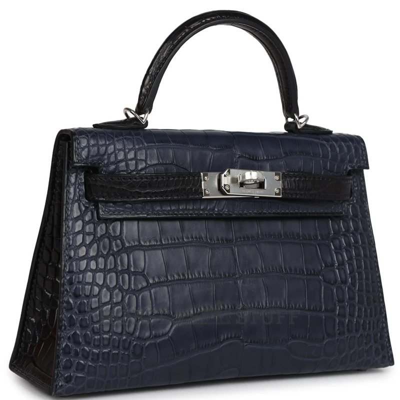 Hermès Kelly Sellier Mini II Special Order HSS Blue Indigo / Black Matte Crocodile Alligator PHW