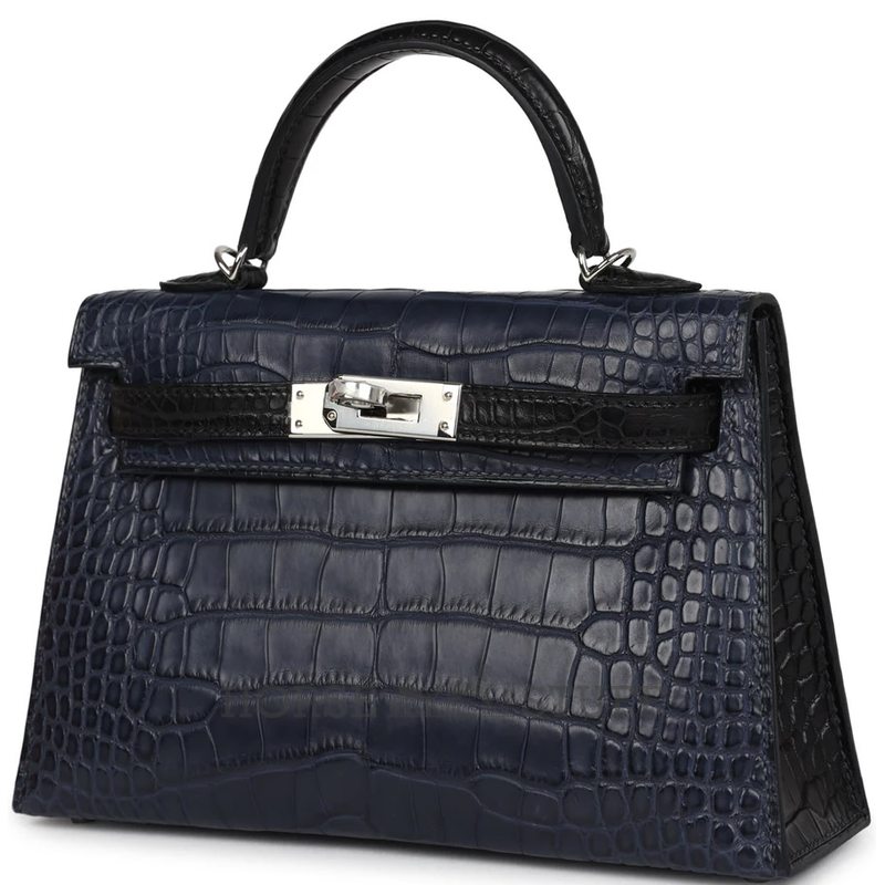 Hermès Kelly Sellier Mini II Special Order HSS Blue Indigo / Black Matte Crocodile Alligator PHW