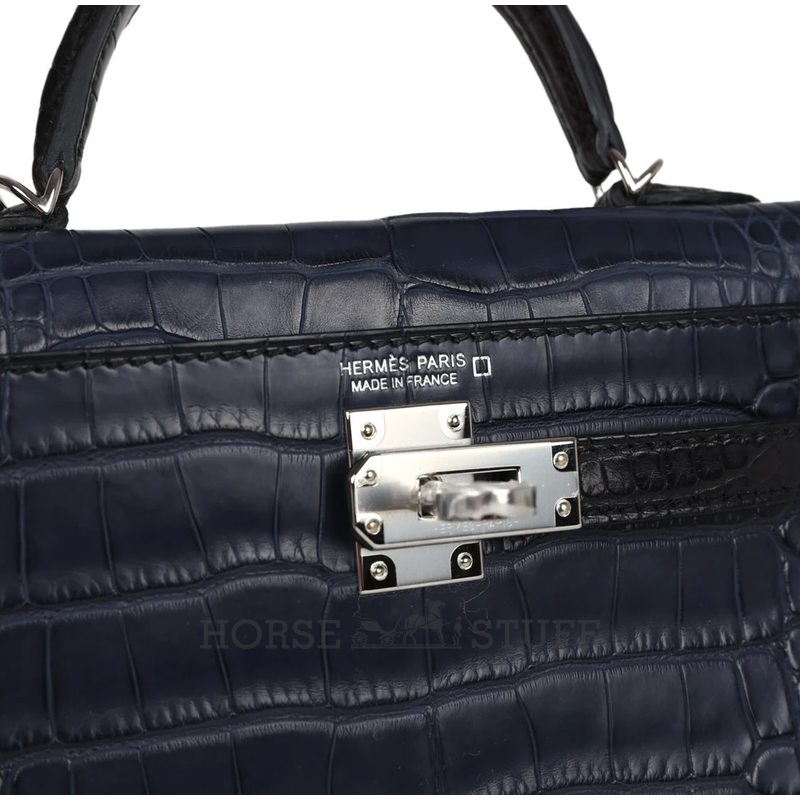 Hermès Kelly Sellier Mini II Special Order HSS Blue Indigo / Black Matte Crocodile Alligator PHW