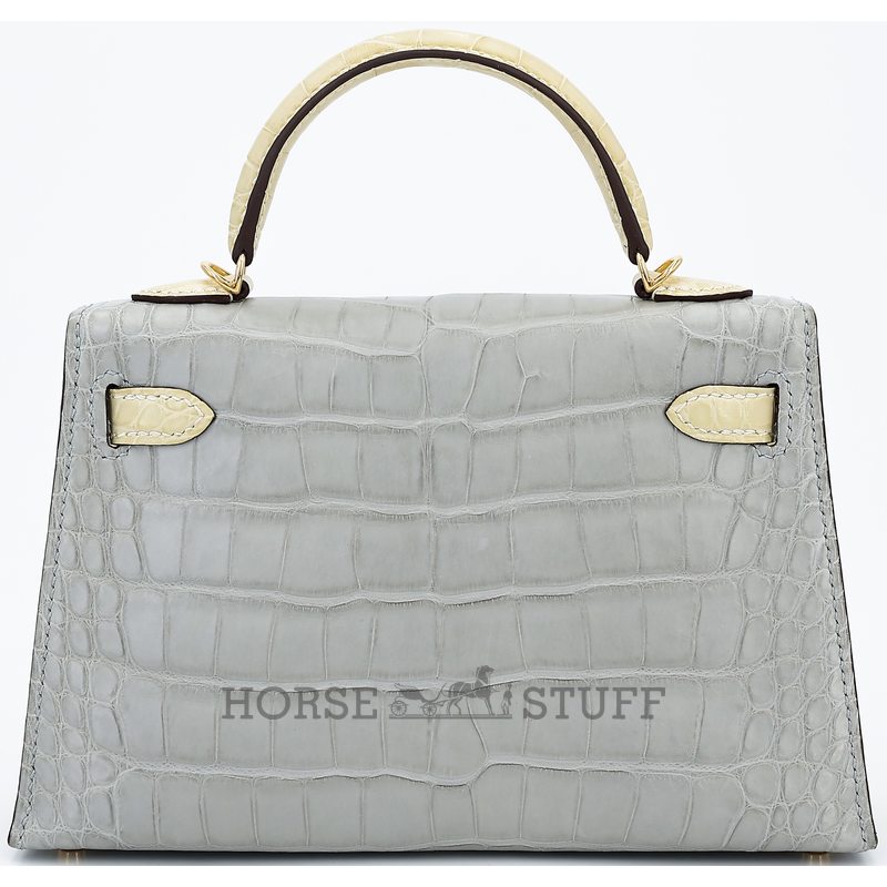 Hermès Kelly Sellier Mini II Special Order HSS Gris Perle / Vanilla Matte Crocodile Alligator GHW