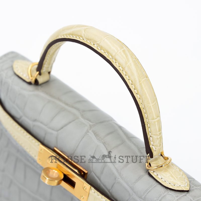 Hermès Kelly Sellier Mini II Special Order HSS Gris Perle / Vanilla Matte Crocodile Alligator GHW