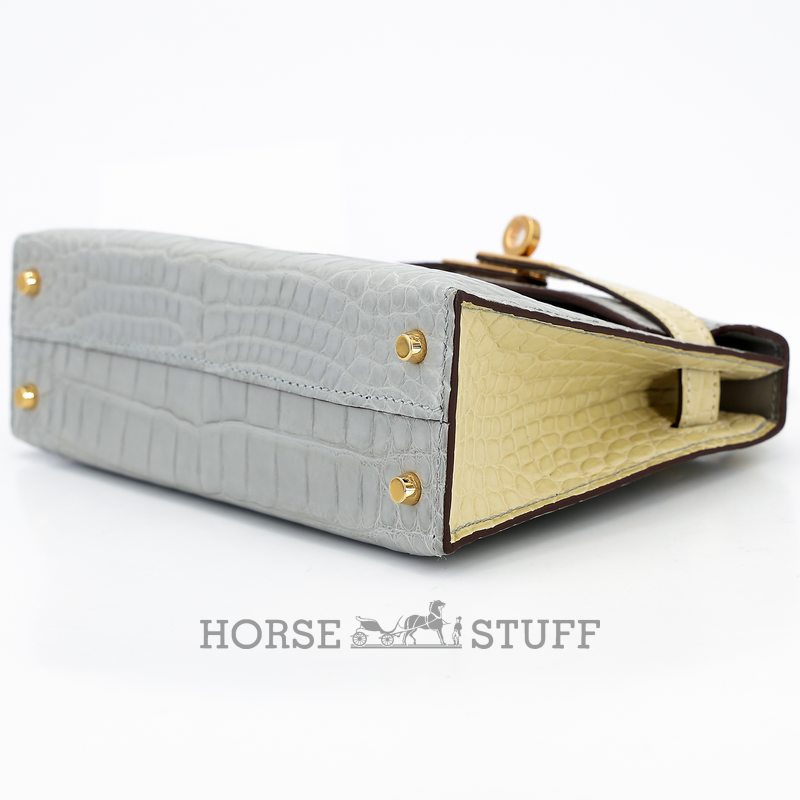 Hermès Kelly Sellier Mini II Special Order HSS Gris Perle / Vanilla Matte Crocodile Alligator GHW