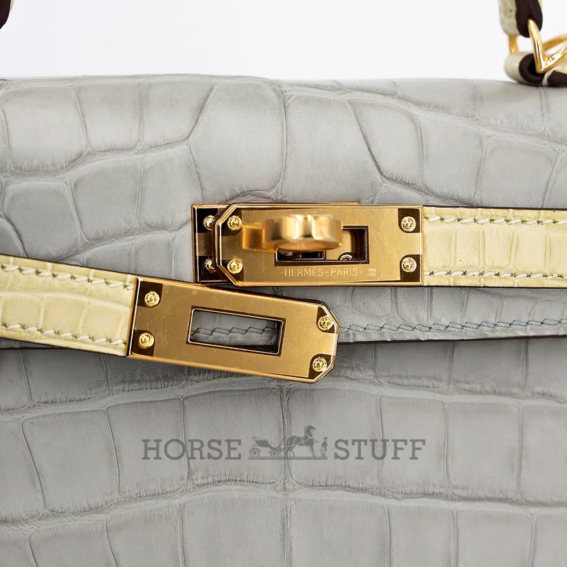 Hermès Kelly Sellier Mini II Special Order HSS Gris Perle / Vanilla Matte Crocodile Alligator GHW