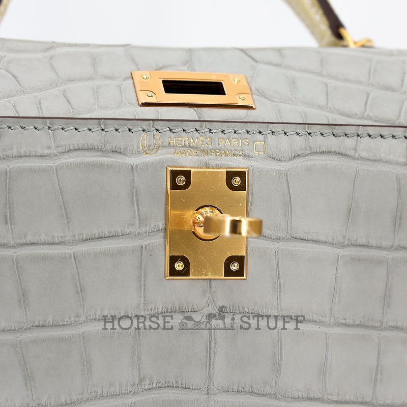Hermès Kelly Sellier Mini II Special Order HSS Gris Perle / Vanilla Matte Crocodile Alligator GHW