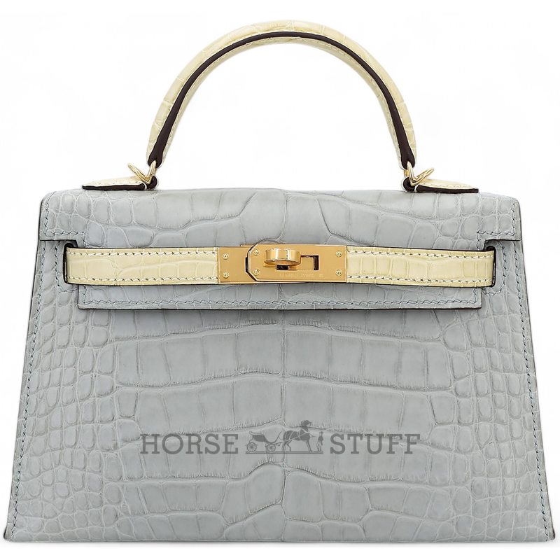 Hermès Kelly Sellier Mini II Special Order HSS Gris Perle / Vanilla Matte Crocodile Alligator GHW