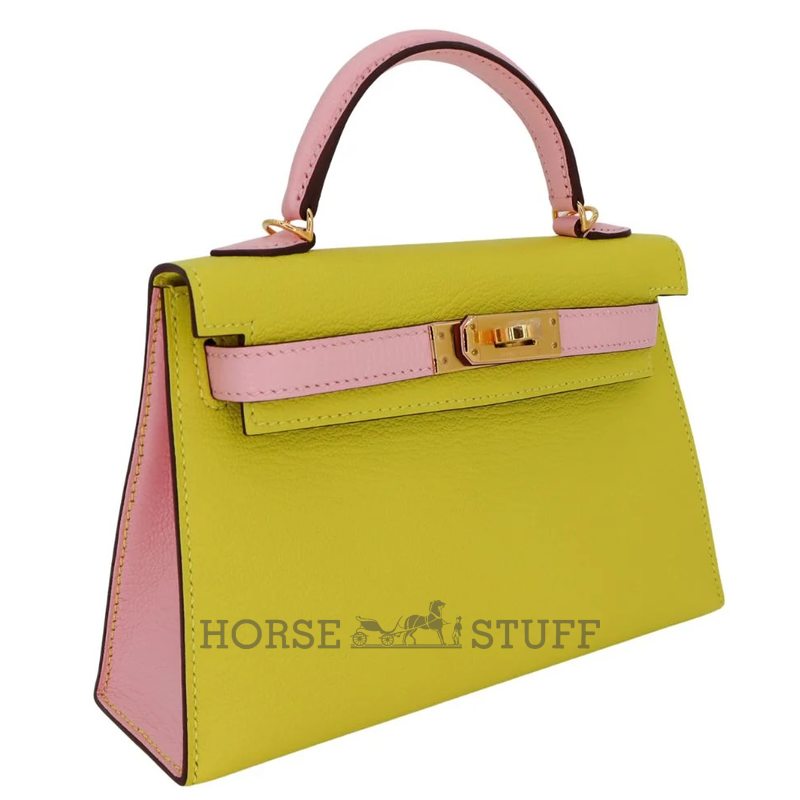 Hermès Kelly Sellier Mini II Special Order HSS Jaune Citron / Rose Sakura Chevre RGHW