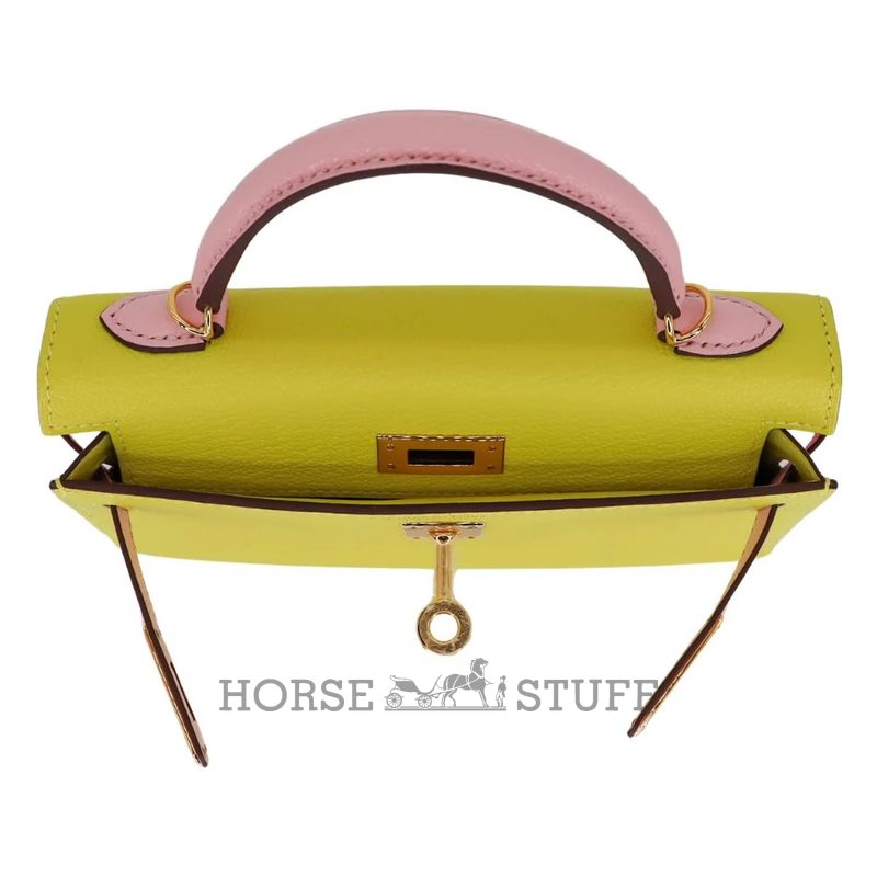 Hermès Kelly Sellier Mini II Special Order HSS Jaune Citron / Rose Sakura Chevre RGHW