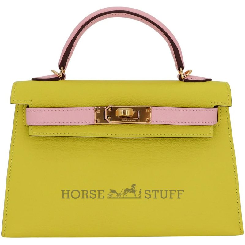 Hermès Kelly Sellier Mini II Special Order HSS Jaune Citron / Rose Sakura Chevre RGHW
