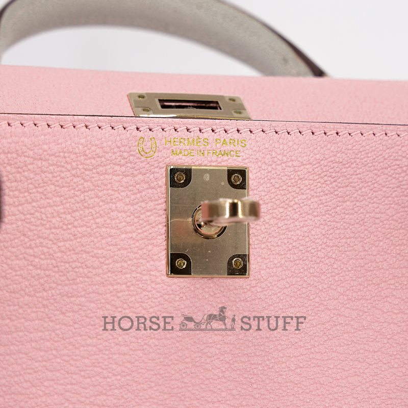 Hermès Kelly Sellier Mini II Special Order HSS Rose Sakura / Gris Perle Chevre Permabrass HW