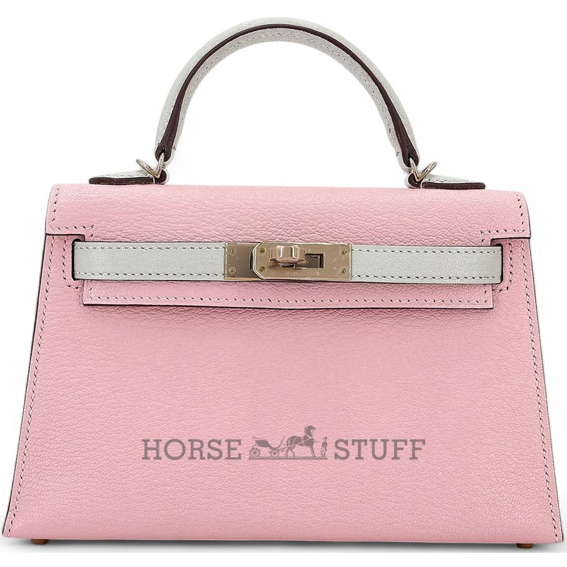 Hermès Kelly Sellier Mini II Special Order HSS Rose Sakura / Gris Perle Chevre Permabrass HW