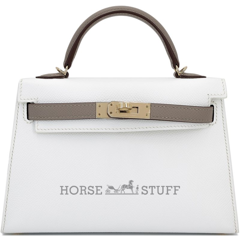 Hermès Kelly Sellier Mini II Special Order HSS White / Gris Asphalt Epsom Permabrass HW
